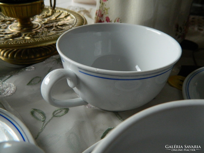 Zsolnay 3 teás szett, csésze és alj, szürke kék csíkos