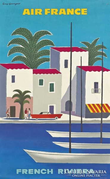 Vintage travel poster reprint french riviera air france mediterranean port beach small town