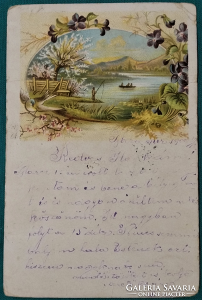 Antik üdvözlő levelezőlap, képeslap,  tájkép ibolya koszorúban, 1900