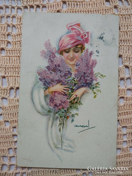 Antik grafikus művészlap/képeslap, virágcsokor, orgona, elegáns hölgy 1918