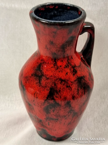 Festett piros-fekete mázas kerámia füles váza, 1960-70-es évek