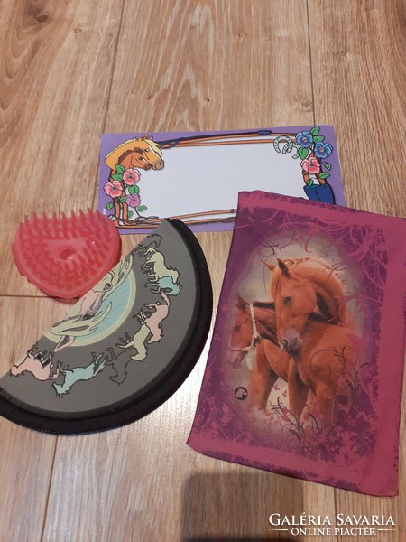 Pony club package: equestrian textile notebook cover, mane brush, small pillow that can be hung on a belt, glasses case, board