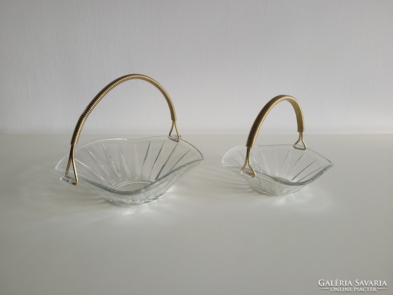 Old retro 2 pcs gold colored metal ears basket glass bowl glass snack basket mid century bowl