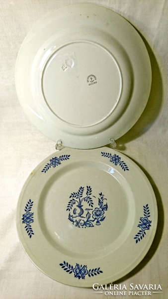 2 Gustavsberg dark blue patterned white cracked glazed earthenware flat plates