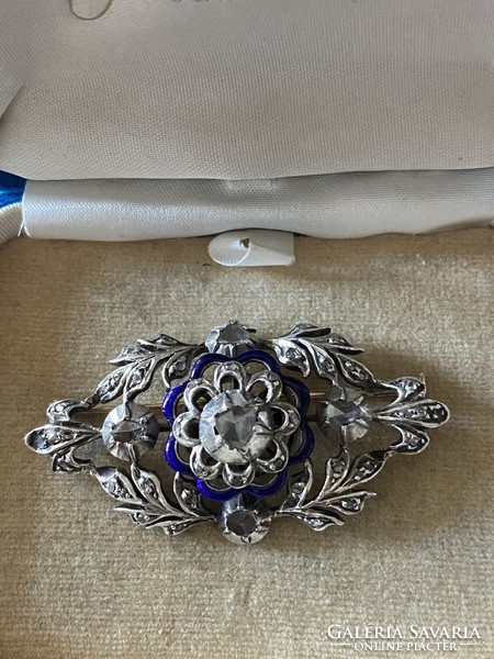 Old 14-karat gold, silver-set rose cut diamonds and blue enameled brooch!