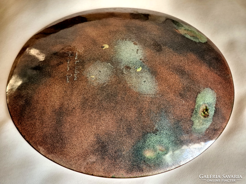 Pierrette Leclaire 1931- visual artist, industrial artist's workshop fire enamel bowl. Beautiful abstract on copper plate