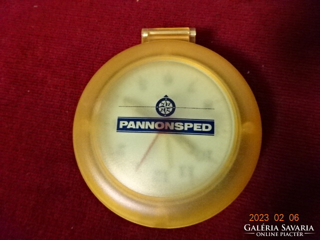 Travel watch, battery powered, working, diameter 7.7 cm, Pannonsped advertisement. Jokai.