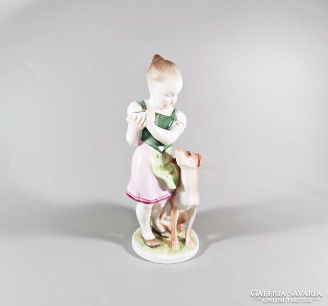 Herend, an envious little girl with a hungry dog, hand-painted porcelain figure, flawless! (I216)