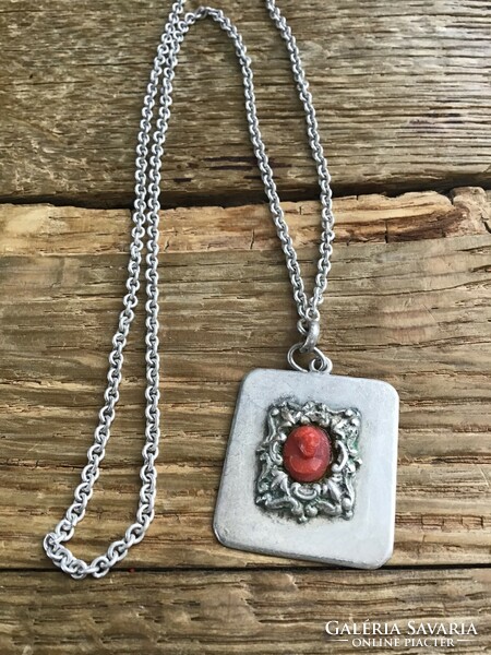 Old silver-plated copper necklace with pendant, carved small coral cameo
