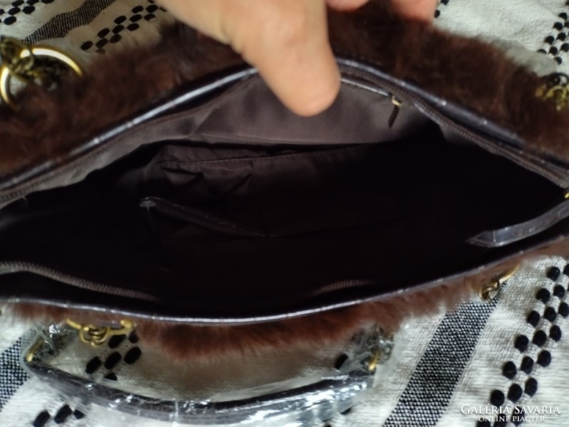Designer Italian patent leather rabbit fur handbag shoulder bag new