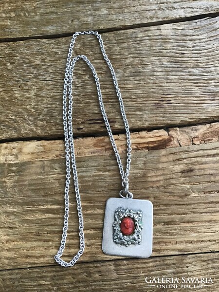 Old silver-plated copper necklace with pendant, carved small coral cameo