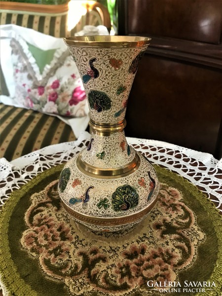 Brass, colored, fire enamel, peacock vase, elegant, unique design