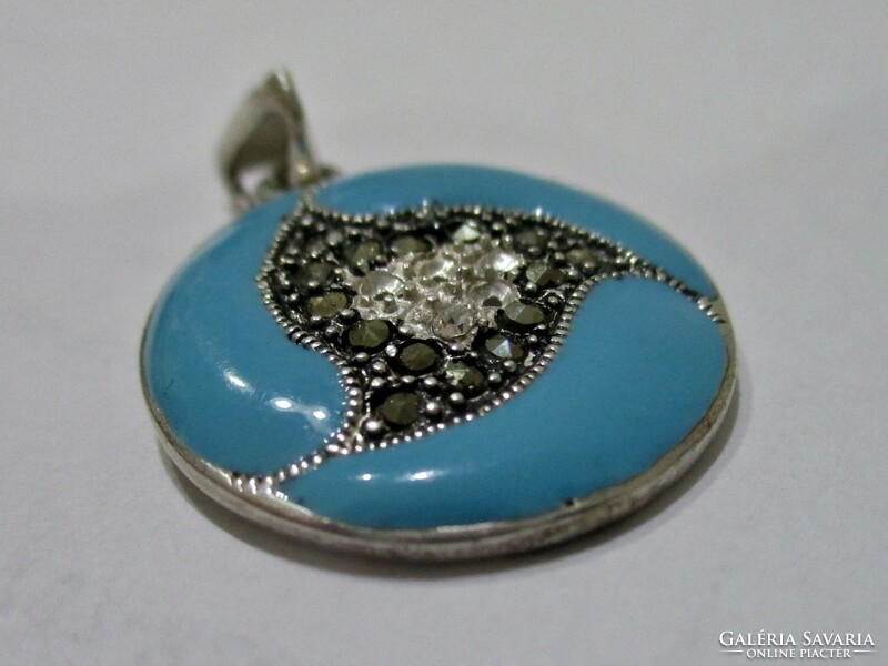 Beautiful blue enamel silver pendant with marcasite