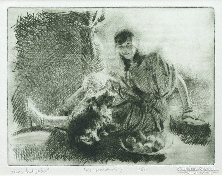 László Gulyás: Girl with dog - framed 30x36 cm - artwork 18x24 cm