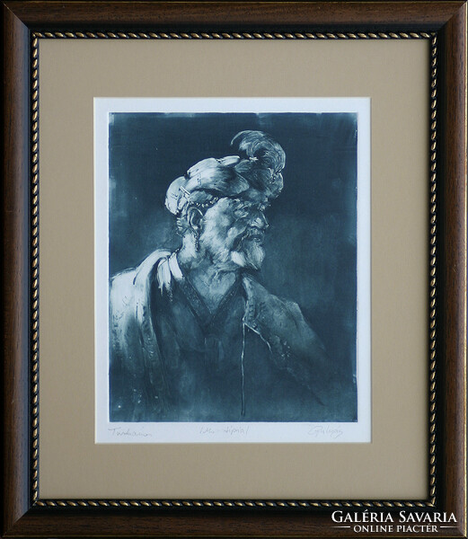 László Gulyás: Turbaned (monotype) - framed 37x32 cm - artwork 25x20 cm