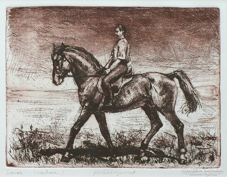 László Gulyás: The Horsewoman - framed 30x36 cm - artwork 18x24 cm