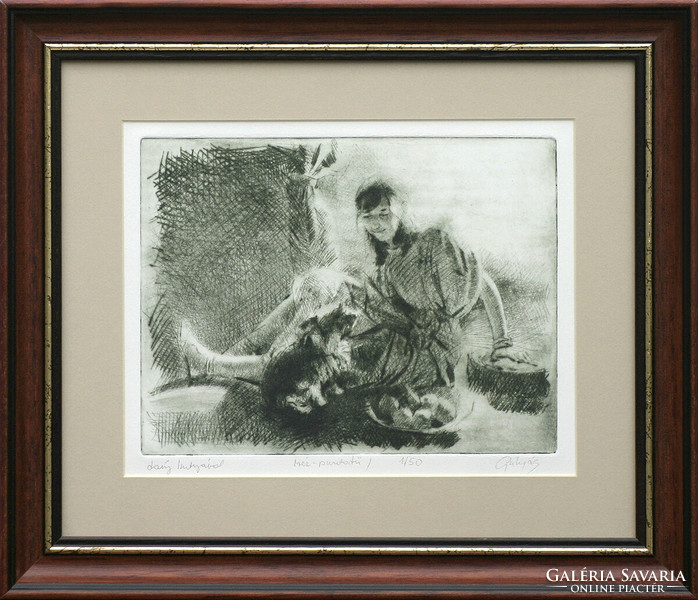 László Gulyás: Girl with dog - framed 30x36 cm - artwork 18x24 cm