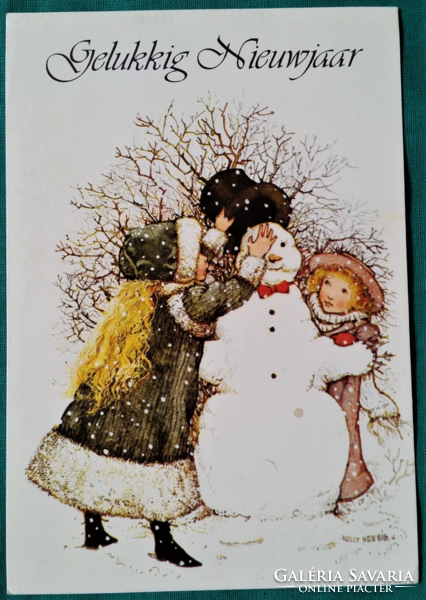 Régi karácsonyi képeslap, gyerekek hóember , Holly Hobbie amerikai illusztrátornő