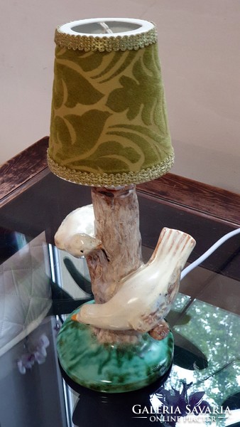 Old, bird-like, glazed ceramic table lamp, assembled, with shade, complete. (2.)