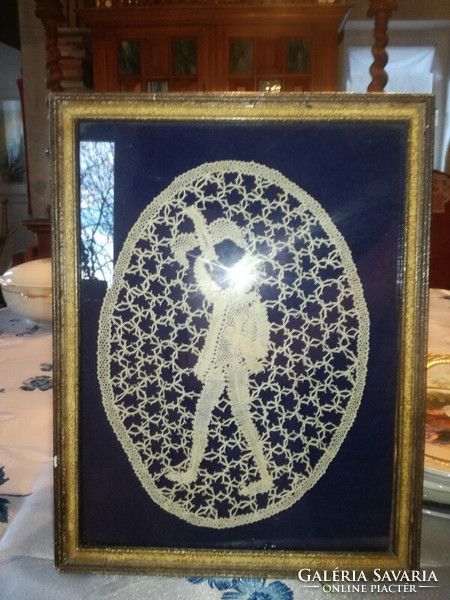 "The blue bird of happiness" - antique lace picture in a frame under glass - 29 cm x 23 cm