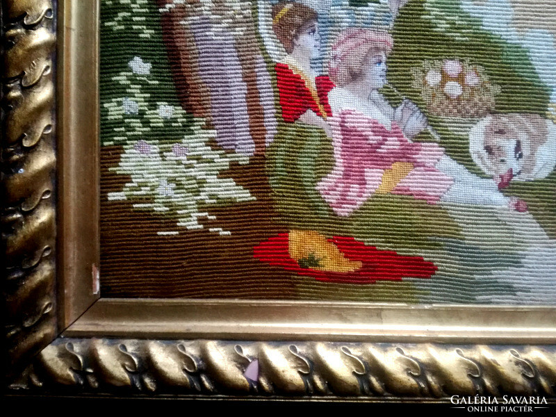 Antique petit point hand-stitched tapestry with silk thread - original wooden frame