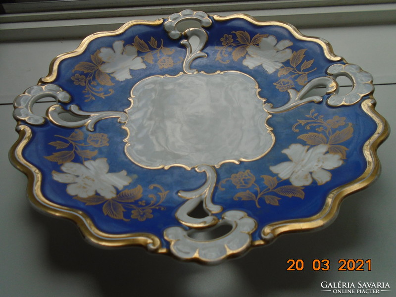 1925 Openwork gold flower pattern royal blue, numbered decorative plate with peacock pmr jaeger & co mark 30.5 cm