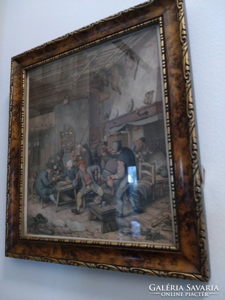 Reproduction of a painting by Adriaen von Ostade in a walnut frame
