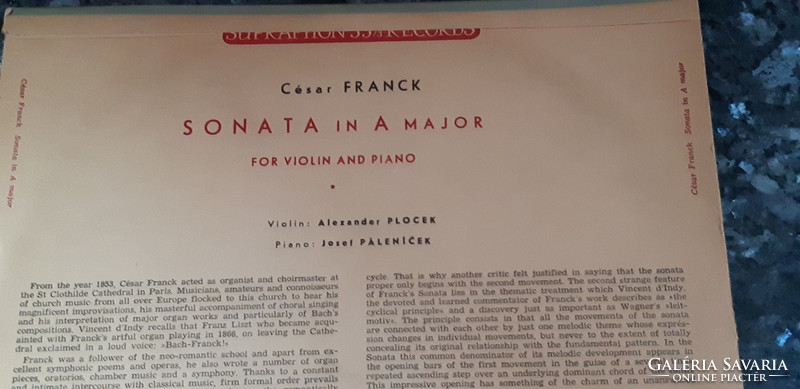 CÉSAR FRANCK : SONATA IN A MAJOR -  PLOCEK VIOLIN - PALENICEK PIANO  LP 9 INCH