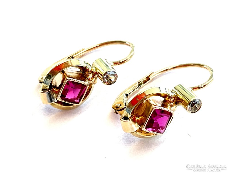 Gold earrings with red and white stones