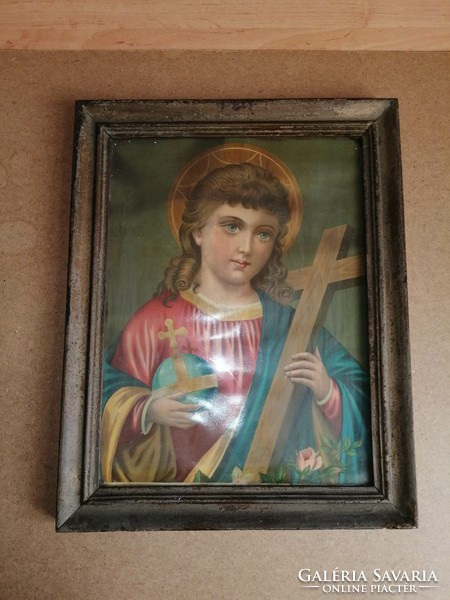 Antik szentkép oltárkép nyomat üvegezett keretben, képkeret 38,5*49 cm