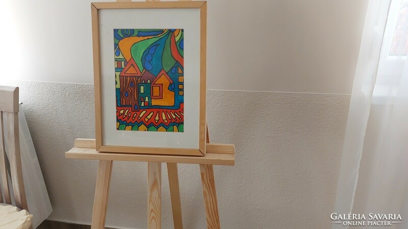 (K) Absztrakt házak festmény, nagyon jó színekkel, hátulján (kibontva) grafika 33x43 cm kerettel