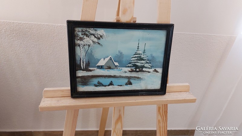 (K) Téli tájkép festmény, házikóval, kis tóval 31x24 cm kerettel