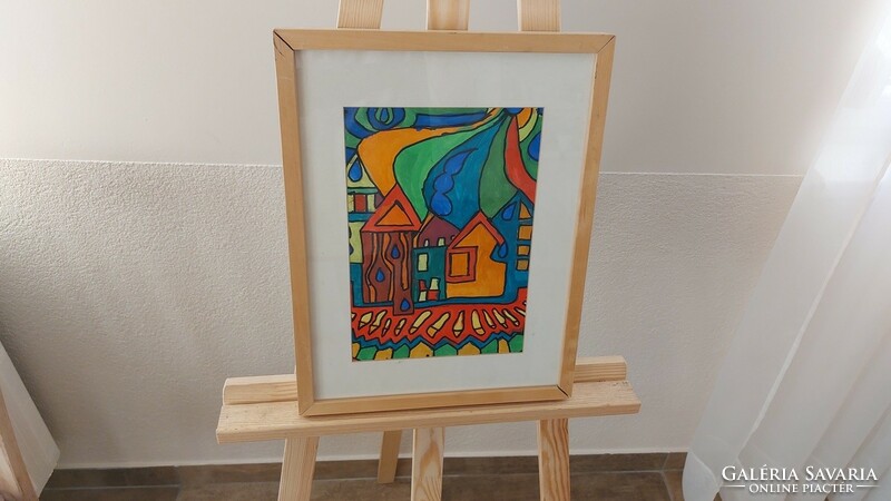 (K) Absztrakt házak festmény, nagyon jó színekkel, hátulján (kibontva) grafika 33x43 cm kerettel