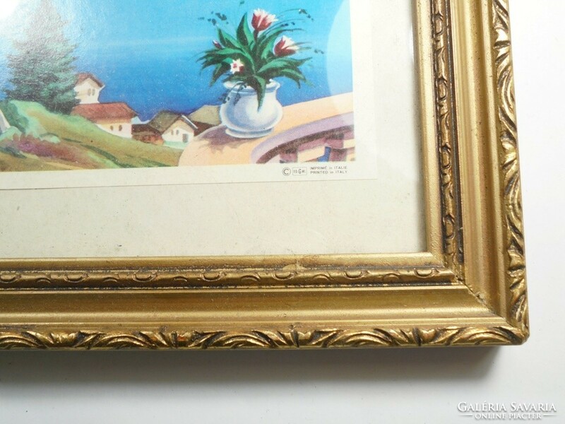 Régi díszes aranyozott fa képkeret olasz nyomtatott képpel - méretei: 33,7 x 27,7 cm
