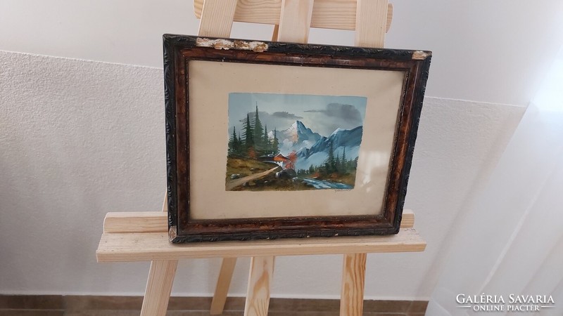 (K) Kis alpesi tájkép festmény 36x30 cm kerettel