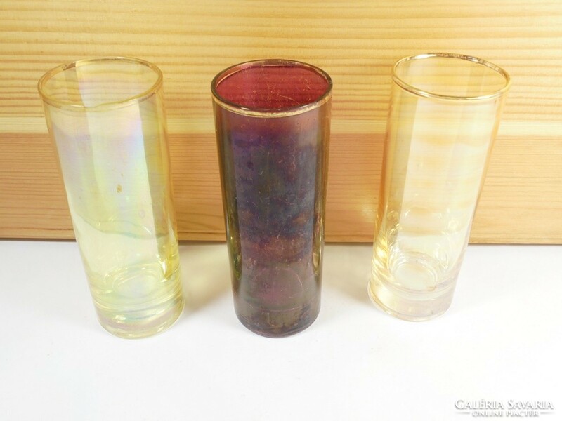 Retro régi aranyszélű,színes csőüveg cső üveg pohár készlet, hosszúkás pohár, 3 db kb. 1970-es évek.