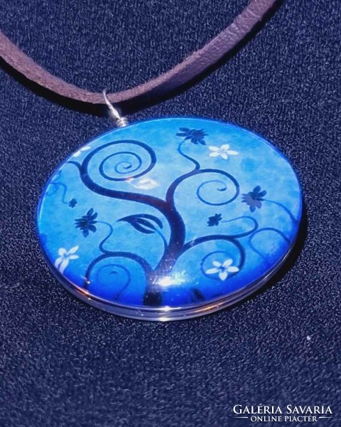 Tree of life blue double large glass lens necklace new! (2081)