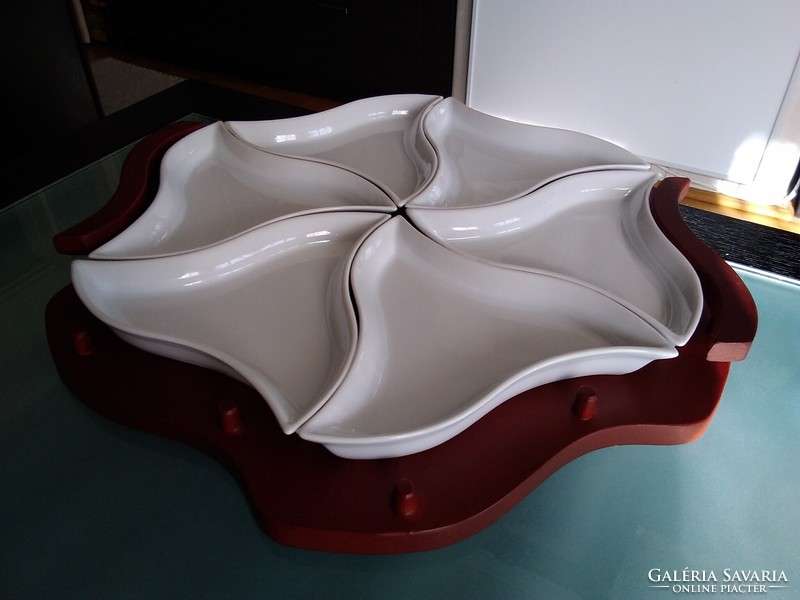 Retro six-part porcelain split serving tray on a wooden frame, with wooden tongs on both sides!