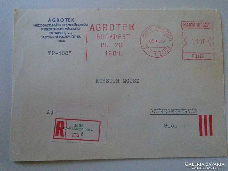 D193750 old registered letter 1986 agrotek Budapest machine stamp - red meter ema