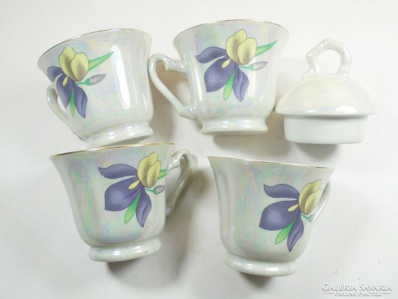 Retro old coffee and tea set, porcelain, 4 cups, 1 lid with flower pattern, sapir, German production