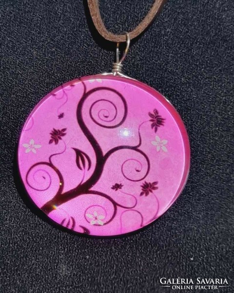 Tree of life pink double large glass lens necklace new! (2080)
