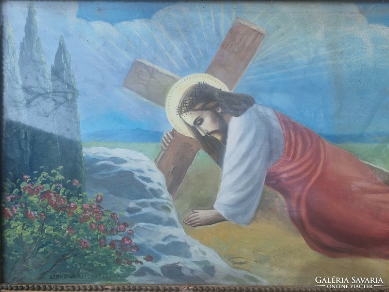 Oil canvas painting Christ with the cross, Saint King's sign