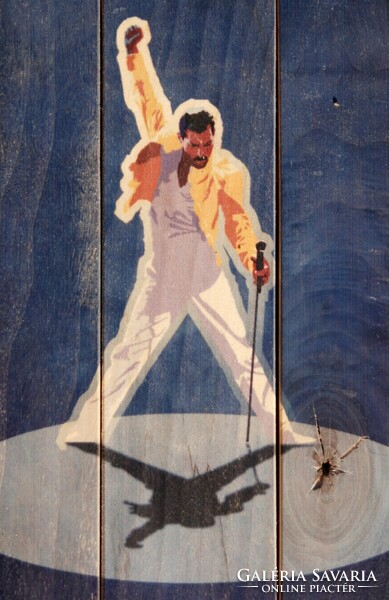 Freddie mercury on stage - a rustic wooden wall decoration commemorating the legendary rock band Queen