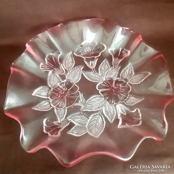 Német, rózsaszín üveg, Waltherglass tál, rózsa, virág mintával (nem kicsi!)