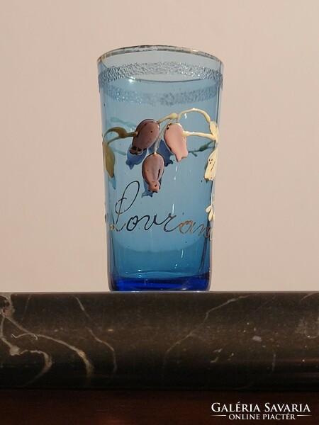 Antik mini pohár Lovran kék emlékpohár virágmintával 5,5cm
