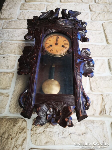 Antique 100-year-old carved wall clock, junghans bim-bam mechanism.