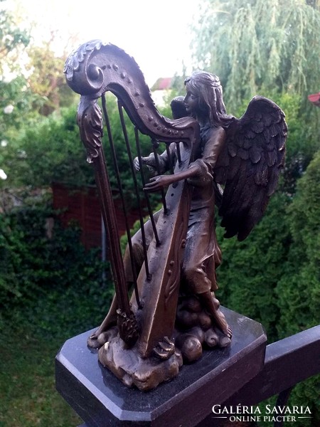 Angel playing the harp - bronze sculpture artwork