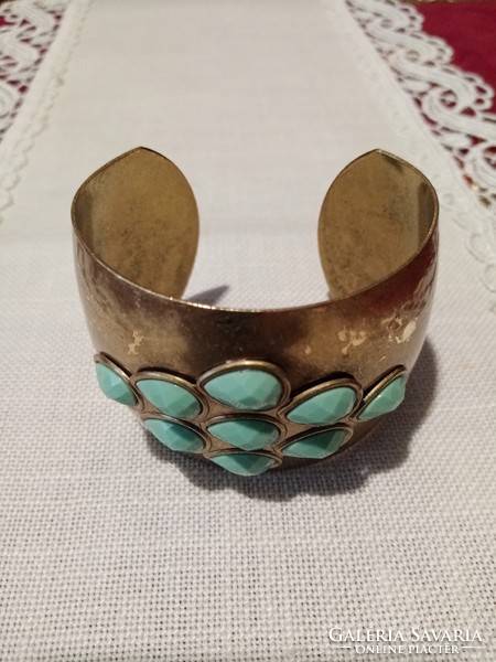 Yellow copper bangle / bracelet with blue stone decoration - for thin wrists!!