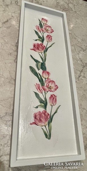 Fehér decoupage fa tálca rózsaszín tulipán mintás