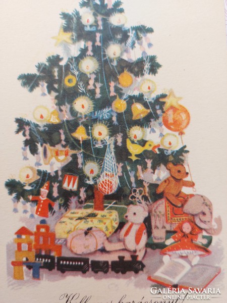 Régi karácsonyi képeslap levelezőlap karácsonyfa játékok